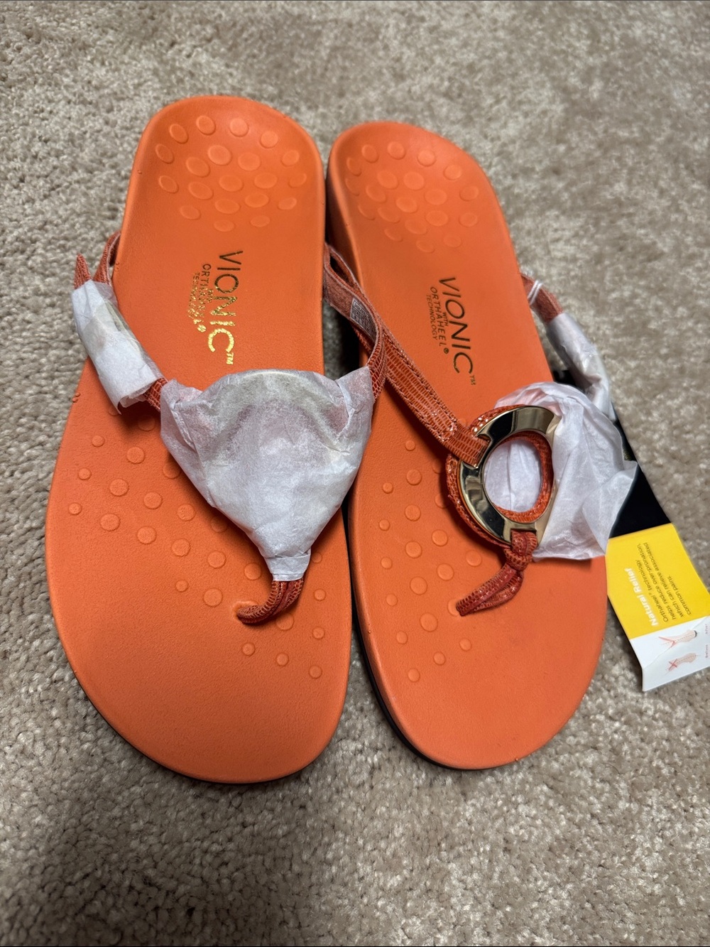 Vionic Orange Women’s Thong Sandals with Gold Accent